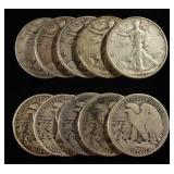 (10) 90% SILVER WALKING LIBERTY HALF DOLLARS