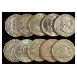 (10) 90% SILVER FRANKLIN HALF DOLLARS