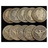 (10) 90% SILVER BARBER HALF DOLLARS