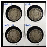 1900, 1907-D, 1912 & 1915-S BARBER HALF DOLLARS