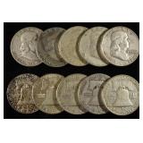 (10) 90% SILVER FRANKLIN HALF DOLLARS
