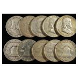 (10) 90% SILVER FRANKLIN HALF DOLLARS