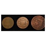 (2) 2 CENT PIECES & (1) LARGE CENT VG