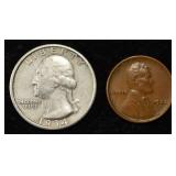 1922-D WHEAT CENT & 1934-D WASHINGTON 25C