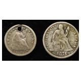 1853 HALF DIME HOLE & 1875 DIME LIBERTY SEATED
