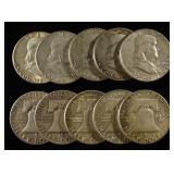 (10) 90% SILVER FRANKLIN HALF DOLLARS
