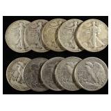 (10) 90% SILVER WALKING LIBERTY HALF DOLLARS