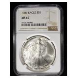 1986 AMERICAN SILVER EAGLE NGC MS69