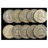 (10) 90% SILVER FRANKLIN HALF DOLLARS