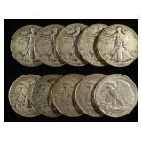 (10) WALKING LIBERTY HALF DOLLARS 90% SILVER