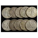 (10) 90% SILVER WALKING LIBERTY HALF DOLLARS