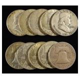 (10) 90% SILVER FRANKLIN HALF DOLLARS