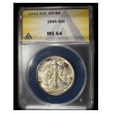 1945 WALKING LIBERTY HALF ANACS MS-64