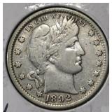 1892 BARBER QUARTER XF/AU