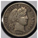 1911-S BARBER DIME CH XF