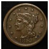 1853 BRAIDED HAIR LARGE CENT XF/AU