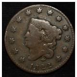 1822 CORONET HEAD LARGE CENT FINE
