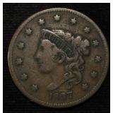 1837 CORONET HEAD LARGE CENT VF