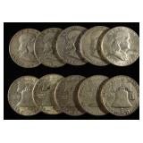 (10) 90% SILVER FRANKLIN HALF DOLLARS