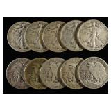 (10) 90% SILVER WALKING LIBERTY HALF DOLLARS