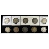 (10) BARBER HALF DOLLARS 90% SILVER