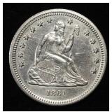 1861 SEATED LIBERTY QUARTER CH AU