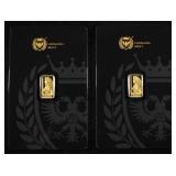 (2) GERMANIA MINT 1/200TH .9999 GOLD BARS PROOF