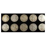 (10) 90% SILVER WALKING LIBERTY HALVES