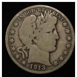 1913 BARBER HALF DOLLAR VG