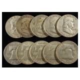 (10) 90% SILVER FRANKLIN HALF DOLLARS