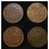 (2) 1864, 66, 67 2-CENT PIECES VF