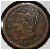 1853 BRAIDED HAIR LARGE CENT XF
