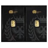(2) GERMANIA MINT 1/200TH .9999 GOLD BARS PROOF