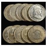 (10) 90% SILVER FRANKLIN HALF DOLLARS