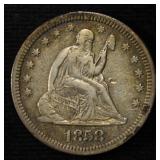 1858 SEATED LIBERTY QUARTER VF