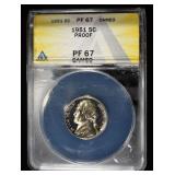 1951 JEFFERSON NICKEL ANACS PF67 CAMEO