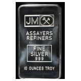 JM ASSAYERS REFINERS 10 OZ .999 SILVER BAR