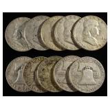 (10) 90% SILVER FRANKLIN HALF DOLLARS