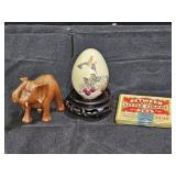 Vtg Wooden Elephant, Square Tin, & Porcelain Egg