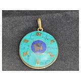 Brass Tibetan Om Pendant Inlayed Turquoise & Lapis