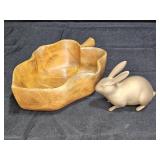 Hawaiian Woodcraft Wooden Leaf Bowl & Brass Rabbit