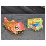 Vtg Whale Eating Fish & Blue Bird Tin Litho Toys