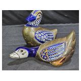 2 Vintage MCM Mexican Tonala Brass Ceramic Ducks