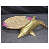 Vtg MCM Brass Dolphin & Vtg Hand Woven Coil Basket