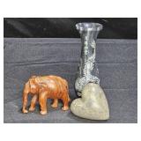 Marble Bud Vase, Wooden Elephant, & Stone Heart