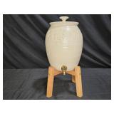 White Pottery Beverage Dispenser with Wooden Stand