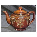 Vintage Brown Terracotta Tea Pot with Glaze Decor