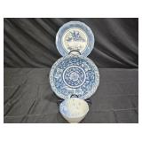 Vintage Blue & White Plate, Flat Bowl & Rice Bowl