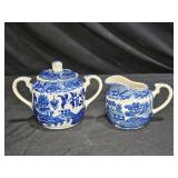 Vintage Blue Willow Ceramic Sugar Bowl & Creamer
