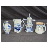 4 Delft Porcelain Miniatures: Pitcher. Jug, & More